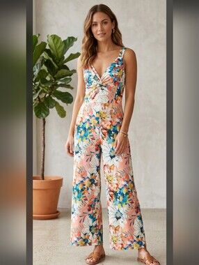 Wallis Peach Floral Twist-Front Wide-Leg Jumpsuit